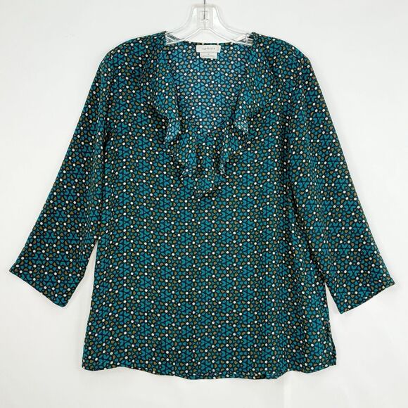 Van Heusen Women’s Top Blouse Size M Ruffle Neck Green 3/4 Sleeves - Picture 1 of 16